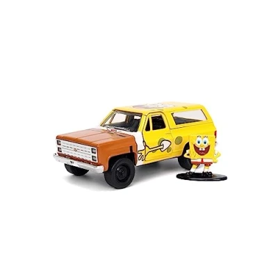 Image of Jada JA31798 1:32 HWR 1980 Chevy K5 Blazer with Spongebob Figure Sponge Bob Collectible Miniature Car, Yellow, One Size