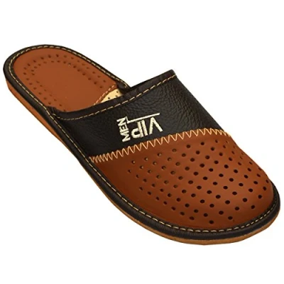 Image of BAWAL Men&#039;s Slippers Leather Brown &amp; Black VIP Rubber Sole Size 6.5 12 (6.5 UK, VIP)
