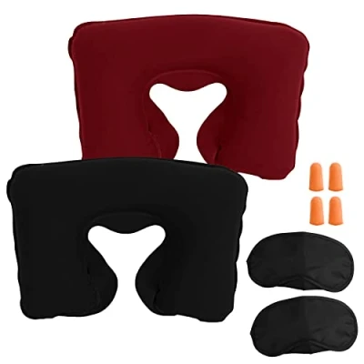 Image of Lillyvale INFLATABLE TRAVEL NECK PILLOW Soft FLIGHT REST/SUPPORT CUSHION HEAD &amp; (Red + Black)