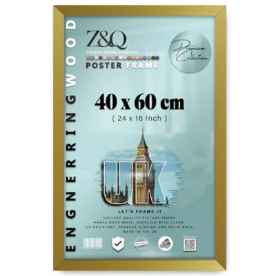 Image of Z&amp;Q Wall Mounted Poster Picture Frame Gold 40 x 60 cm Display Painting Photo Print With HD Clear Perspex Both Ways Hanging Hooks MDF Wood 30x15mm Moulding