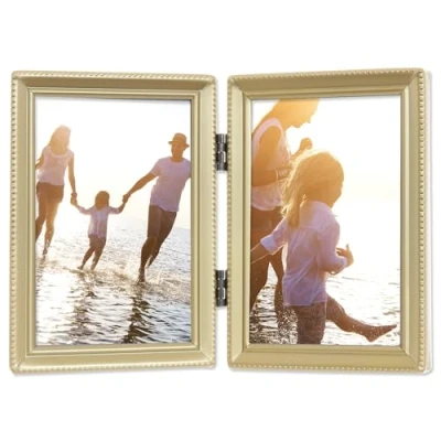 Image of Lawrence 11435D Antique Gold Bead 3.5x5 Hinged Double Picture Frame