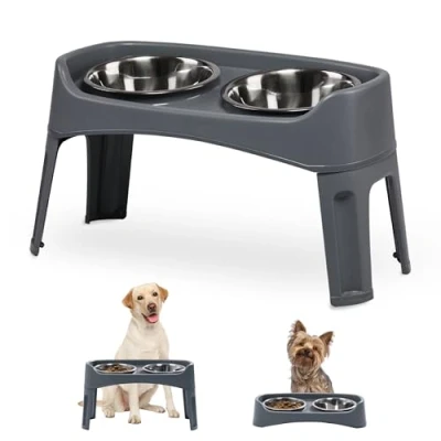 Image of Iris Ohyama Raised Dog Bowl with Removable Stand, L29 x W57 H31cm, 2 Stainless Steel Bowls, Gray, Elevated, Feeding Station, For Small, Medium Dogs, Water, Slow Feeder, Foldable, PEF L
