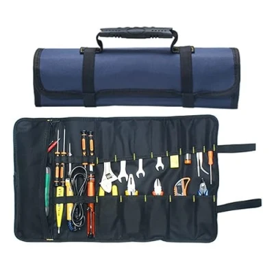 Image of Portable Tools Bag BE Tool 22 Pockets 600D Oxford Canvas Roll Up Big Tote Carrier Organizer, Easy Storage &amp; Best for Craftwork Handymen Repairmen BLUE