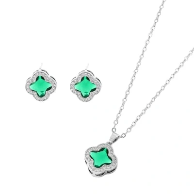 Image of AOWVUTS Four Leaf Clover Jewellery Set for Women Girls, Zirconia Stud Earrings and Pendant Necklace Set, Diamond Cut Crystal Jewelry Present (green)