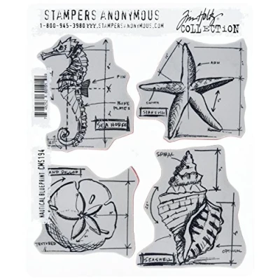 Image of Stampers Anonymous Nautical Blueprint Tim Holtz Cling Mounted Stamp Set, Blue