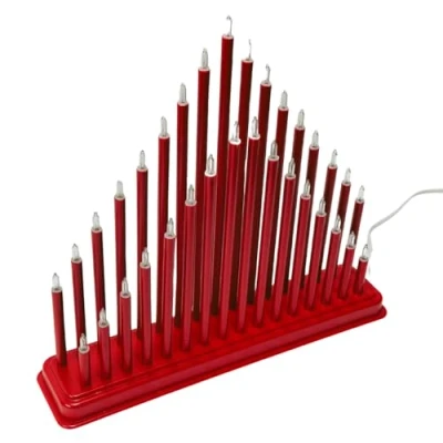 Image of Trendi 33 Bulb Plastic Pipe Tube Tower Candle Bridge Main Powered Warm White Lights Window Holiday Indoor Festive for Christmas Modern Faux Xmas Decoration H36 x W32 L8cm (Red)