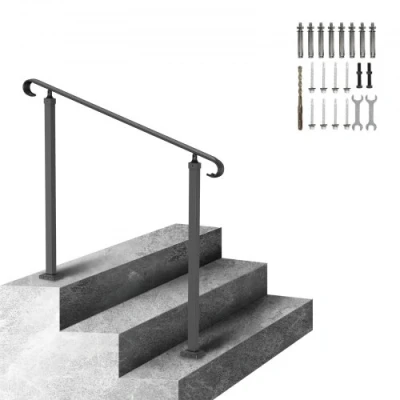 Image of VEVOR Wrought Iron Handrail, Fit 2 or 3 Steps Outdoor Stair Railing, Adjustable Front Porch Hand Rail, Black Transitional railings for Concrete Wooden Stairs with Installation Kit