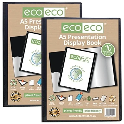 Image of eco A5 Size 50% Recycled 10 Pocket Black Presentation Display Book, Storage Case Portfolio Art Folder with Plastic Sleeves, eco041x2, (Pack of 2 Books)