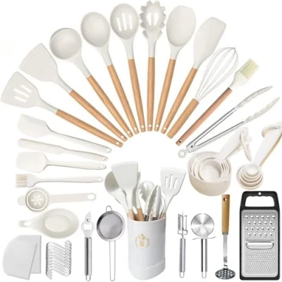 Image of UXIYI Silicone Kitchen Utensils Set, 46pcs Cooking Utensil Spatula Set with Holder for Nonstick Heat Resistant Gadgets, White