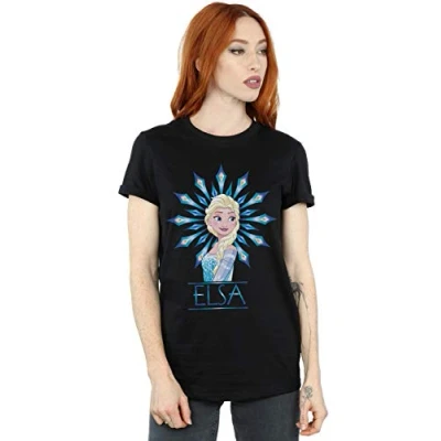 Image of Disney Women&#039;s Frozen Elsa Snowflake Boyfriend Fit T Shirt Black Large