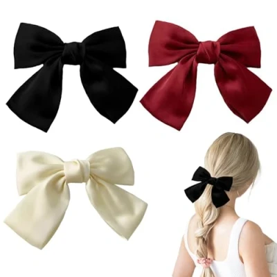 Image of YCLFHOO 3Pcs Bow Hair Clip,Hair Bows for Women,Bowknot Hairpin French Clips,Hair Barrettes Solid Color Women Girls Black,Milky White,Red