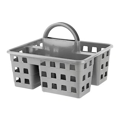 Image of HOMESHOPA Utility Plastic Shower Caddy Basket Organiser with 3 Compartment &amp; Handle, Portable Kitchen Cleaning Supply Handy Storage Tidy Tote Tray Carry Bucket for Bathroom, Kitchen, Dorm Room (Grey)