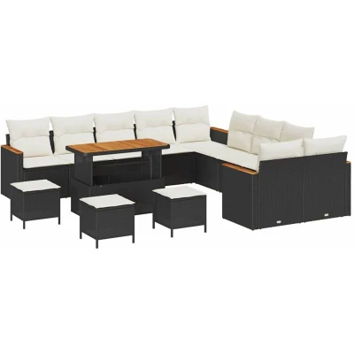 Image of vidaXL 14 Piece Garden Sofa Set with Cushions Black Poly Rattan Acacia