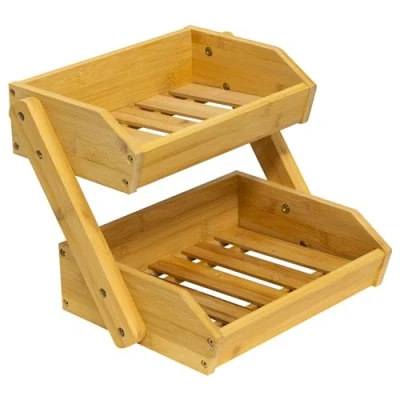 Image of Woodside 2 Tier Bamboo Fruit &amp; Vegetable Rack Holder, Decorative Produce Organiser for Kitchen/Shop Counter/Market Stall, Wooden Bread Storage Stand