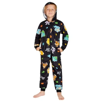 Image of Pokemon Fleece Onesie for Boys Warm Hooded Kids Teenagers 4 14 Years PJs Comfy Loungewear Gifts (Black Aop, 11 12 Years)