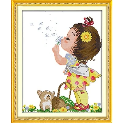 Image of Awesocrafts Cross Stitch Kits, Dandelion Girl Easy Patterns Stitching Embroidery Kit Supplies, Counted Options for Adults Beginners Kids Gifts (Girl, Counted)