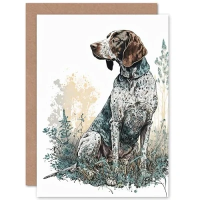 Image of Artery8 German Pointer Dog Sitting in Field Modern Detailed Illustration Art Birthday Sealed Greeting Card Plus Envelope Blank inside