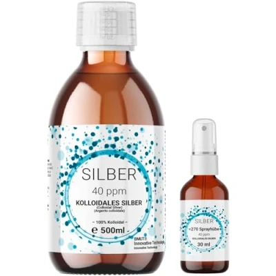 Image of 1 x 500 ml colloidal silver (40 ppm) in brown glass bottle with 30 spray bottle, water, pure 100%