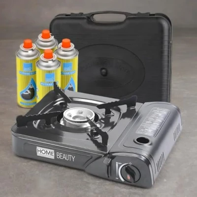 Image of Home Beauty 4 Gas Cartridge 1 Stove Burner, Camping Stove, 2500 watt Capacity, Compact Outdoor Cooker, Includes Carry Case For Easy Transport, Black