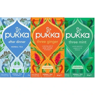 Image of Pukka Herbs Tea Variety Pack 3 Boxes Mint Tea, Ginger and Feel New Healthy Organic Herbal Bags, 60 Count (Pack of 1)