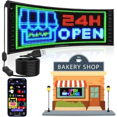 Image of Double Row Scrolling LED Light Sign, Full Color 17&quot;x6.3&quot; Flexible 5V/2A Bluetooth APP Control Car Sign Custom Text Message Pattern Programmable Display for Store