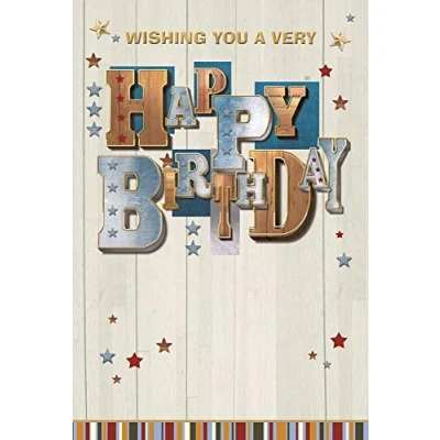 Image of Open Male Birthday Card Blue Brown Writing with Gold Foil Stars 7.75x5.25&quot;