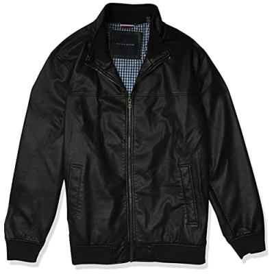 Image of Tommy Hilfiger Men&#039;s Smooth Lamb Touch Faux Leather Unfilled Windbreaker Bomber Jacket, Black, XS