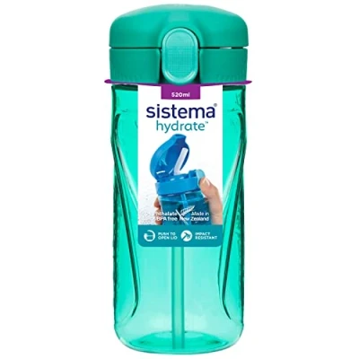 Image of Sistema Hydrate Quick Flip Water Bottle 520 ml BPA Free with Straw Recyclable TerraCycle® Assorted Colours