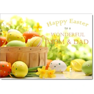 Image of doodlecards Mum and Dad Easter Card Basket of Eggs Medium Size with Plain Envelope