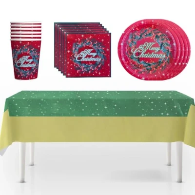 Image of ZOPPER Christmas Party Table Set 6 Person Tableware 25 Items Plates, Cups, Napkins, Cover for Decor, Supplies (Merry Christmas)