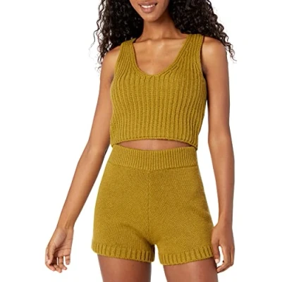 Image of The Drop Women&#039;s Sylvie Double V Neck Textured Rib Cropped Sweater Tank, Olive Oil, L