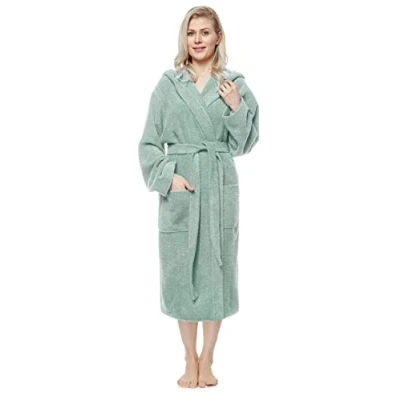 Image of Arus Women&#039;s bathrobe with hood, calf length, 100% cotton terry, women`s size: XL, unisex L Seafoam
