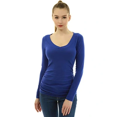 Image of AmélieBoutik Women V Neck Raglan Long Sleeve Ruched Sides Top (Blue X Small 8)