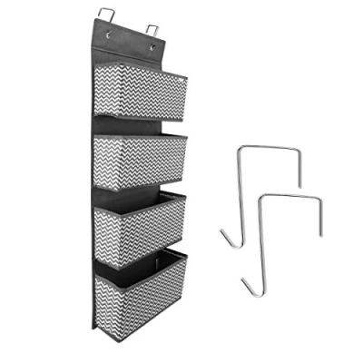 Image of Navaris Over Door Storage Organiser Fabric Hanging Baskets Wardrobe with 4 Pockets for Toys, Shoes, Keys, Towels Grey Zigzag