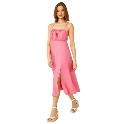 Image of Roman Originals Sleeveless Gathered Midi Dress for Women UK Ladies Everyday Holiday Spring Summer Square Neckline Comfy Soft Evening Vacation Work Party Pink Size 12
