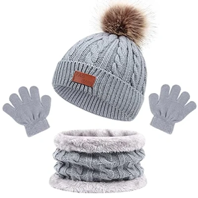 Image of 3Pcs Kids Winter Beanie Hat Scarf Gloves Set for 1 5 Years Old Boys Girls. Accessories Sets Children Outdoor Sports, Knit Thick Warm Fleece Lined Thermal (Grey)