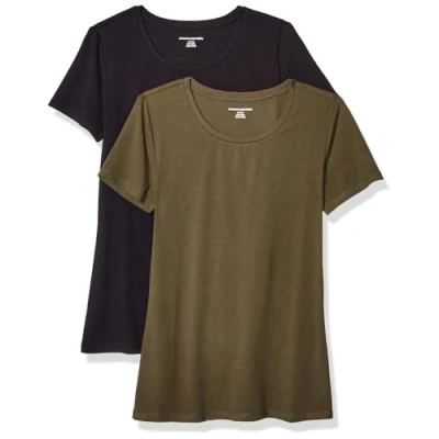 Image of Amazon Essentials Women&#039;s Classic Fit Short Sleeve Crewneck T Shirt, Pack of 2, Black/Olive, L