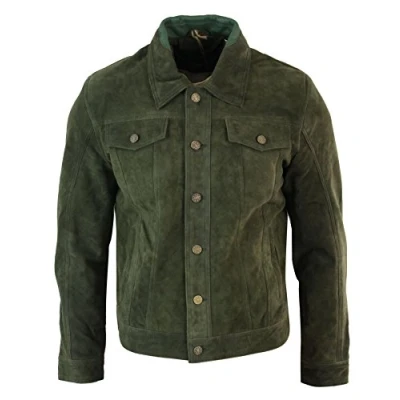 Image of Mens Vintage Short Denim Style Retro Real Suede Leather Jean Jacket Casual Wine Green