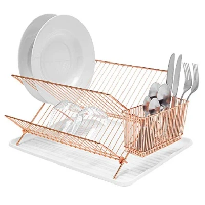 Image of simplywire Folding Dish Drainer Plate Drying Rack with Cutlery Holder Copper Chrome Plated Steel
