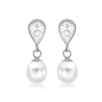 Image of Carissima Gold Women&#039;s 9 ct White Cubic Zirconia and Pearl 6 x 18 mm Teardrop Earrings