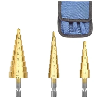 Image of Hocansen 3 Pcs/Set High Speed Steel Titanium Coated Step Drill Bit Hex Shank Cone Gold Spiral Grooved for Plastic, Wood Drilling Hole（3 12mm,4 12mm/20mm）