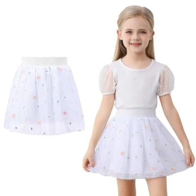 Image of boruizhen Girls Skirts Floral Embroidered Tutu for 4 Layered Kids Tulle Skirt with Soft Lining Festival Birthday 2 6 Years White