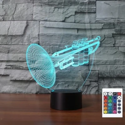 Image of FLRXHK Trumpet 3D Illusion Night Light Touch Table Desk Lamp with Remote Control 16 Colors Optical USB LED for Kids Gift Room Decoration