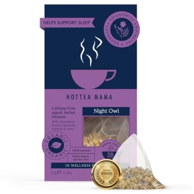 Image of HOTTEA MAMA Night Owl Organic Sleep Support Tea Caffeine Free Postpartum &amp; Breastfeeding 14 Whole Leaf Biodegradable Bags (28 Cups Of Tea)