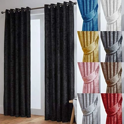 Image of John Aird Crushed Velvet Fully Lined Eyelet Curtains (Black, 66&quot; Wide x 72&quot; Drop)