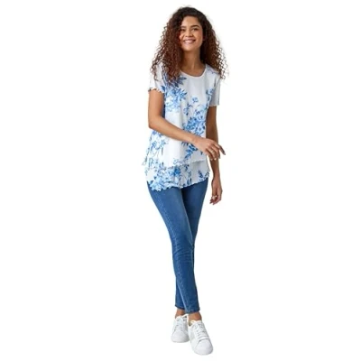 Image of Roman Originals Floral Print Asymmetric Hem Top for Women UK Ladies Everyday Autumn Winter Round Neckline Comfy Soft Evening Vacation Work Party Night Out Blue Size 10