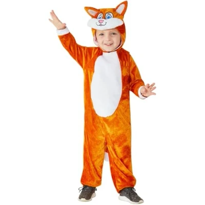 Image of Smiffys Toddler Cat Costume, Orange with Hooded Jumpsuit, Children&#039;s Animal Fancy Dress, Dress Up Costumes