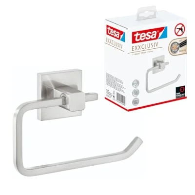 Image of tesa EXXCLUSIV Toilet Roll Holder without Lid Wall Mounted Paper with Power.Kit Technology in Stainless Steel Design waterproof, incl. Adhesive Solution 99mm x 160mm 45mm