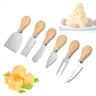 Image of NOUYAGOV 6 PCS Cheese Knife Set,Cheese Gift Set,Wooden Handle Stainless Steel Knife,Chisel and Fork for Family Gatherings,Cheese Parties,Christmas Halloween.