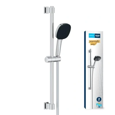 Image of GROHE Vitalio Comfort 110 Shower Set (Square 11 cm Hand 2 Spray: Rain &amp; Jet, Hose 1.75m, Rail 60cm with Tray, Anti Limescale System), Easy to Fit QuickGlue, Chrome, 26929001
